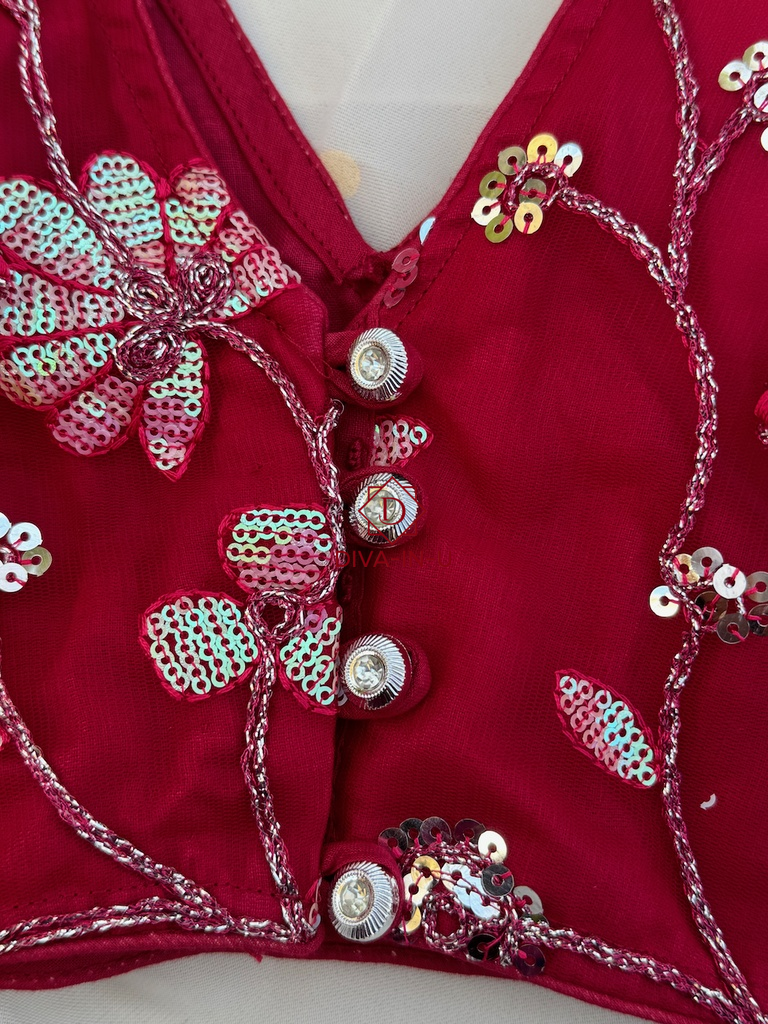 Deep Red Sequin Floral Embroidery Blouse