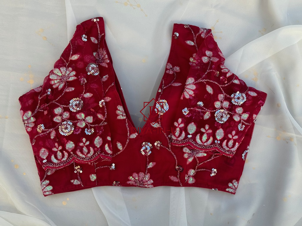 Deep Red Sequin Floral Embroidery Blouse