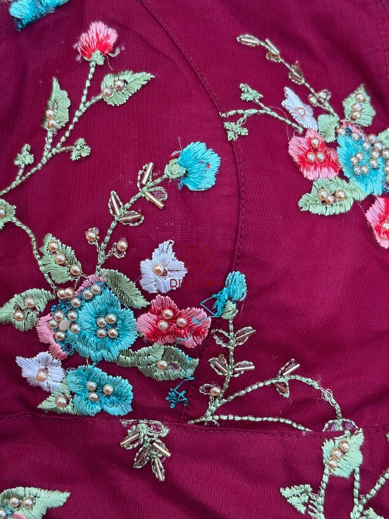 Maroon blouse with Floral Embroidery