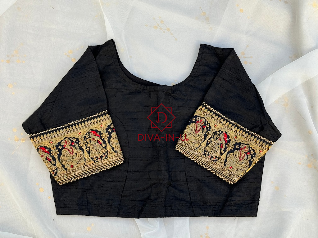 Black Blouse with Banarasi Pink Border