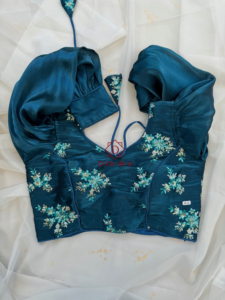 Jimmy Chu Designer Blouse with Puff Sleeves - Blue