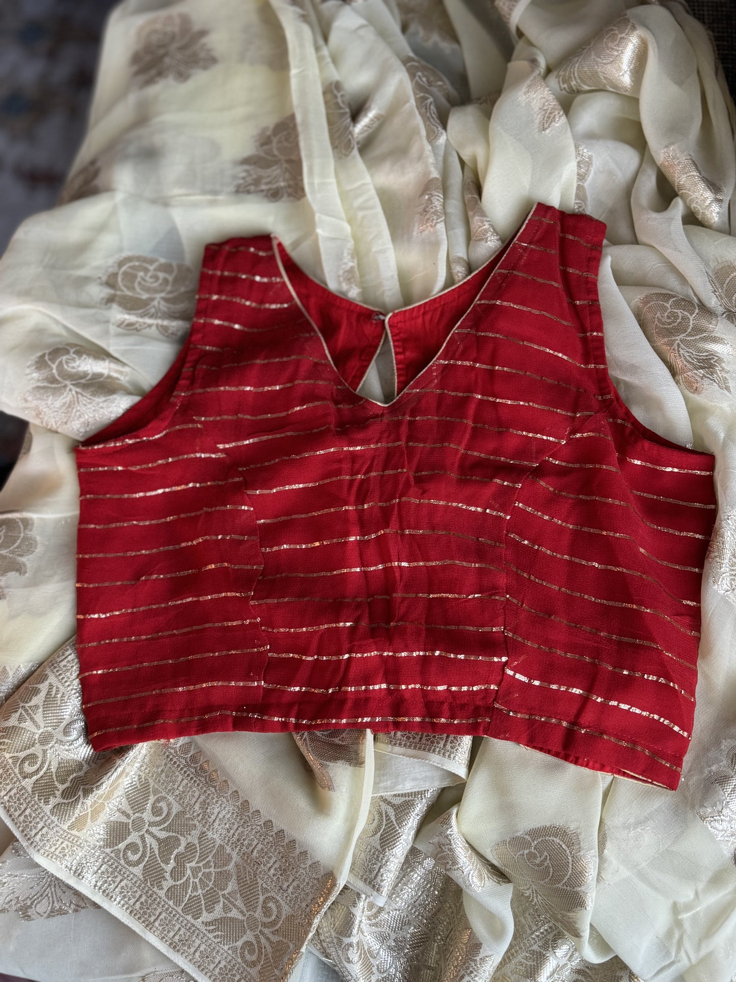 Viscose Saree in White and Red