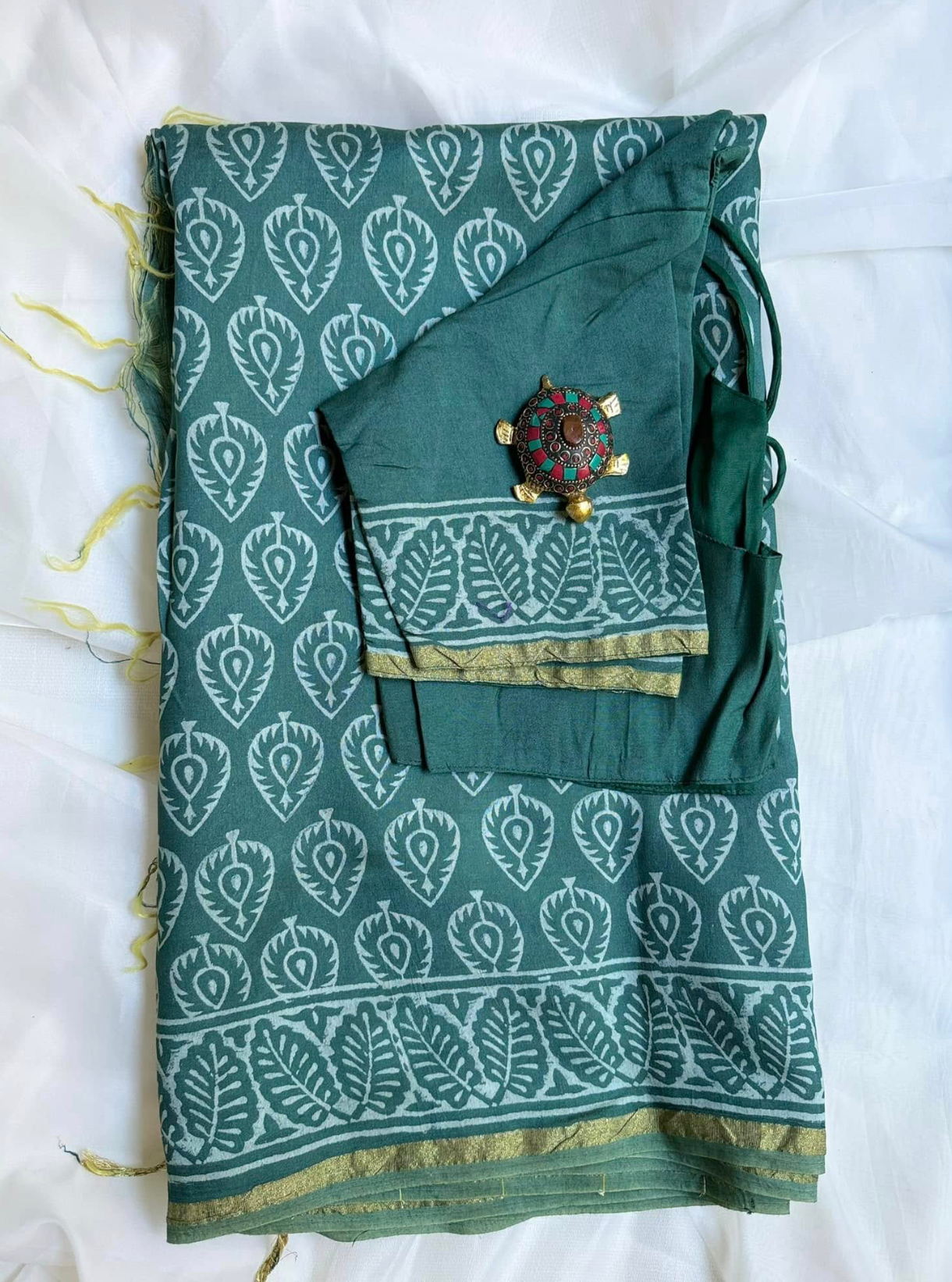 Myrtle Green Maheswari Handblock Print Saree