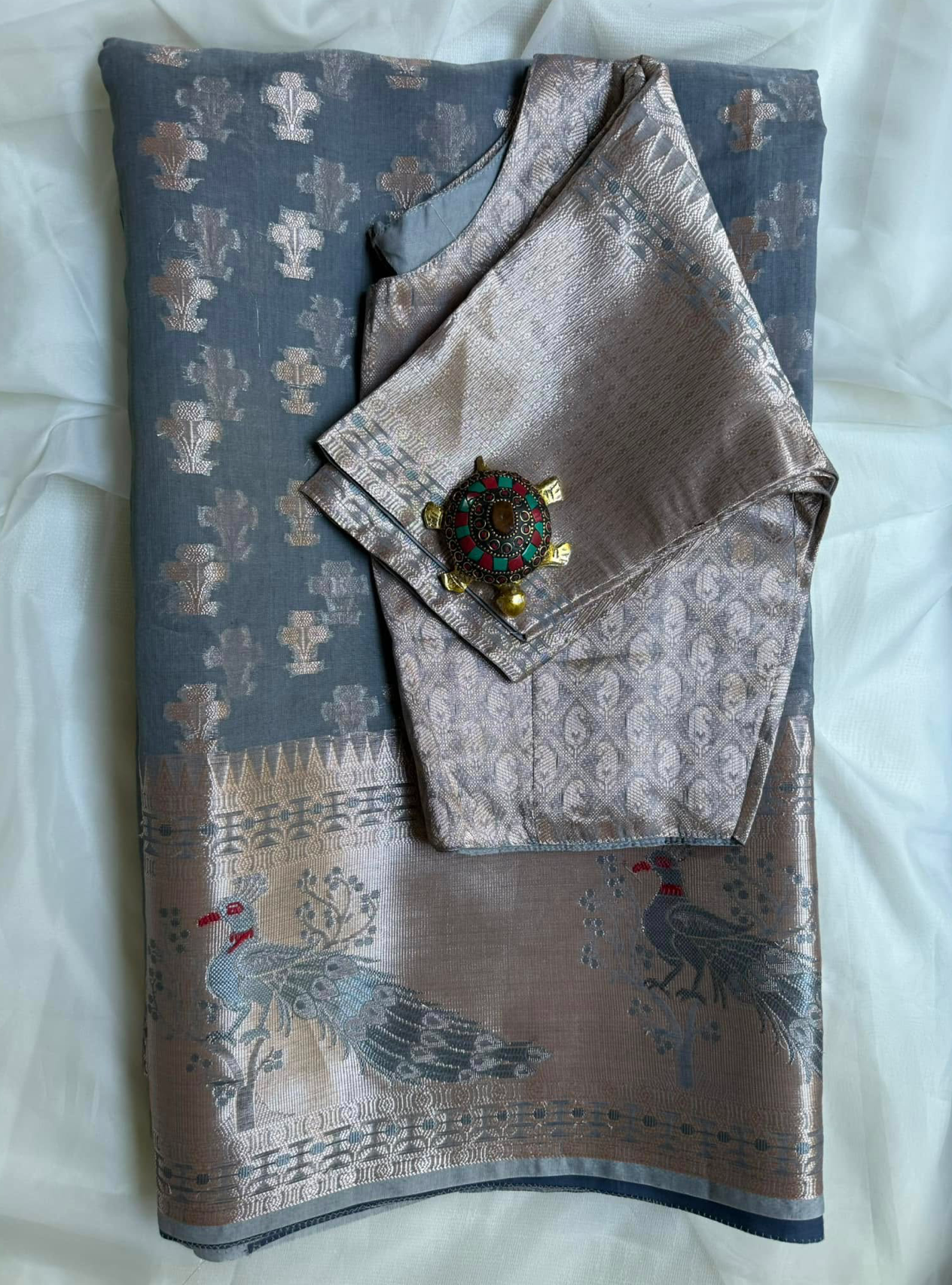 Grey Organza Semi Georgette Saree with Pretty Red Peacocks