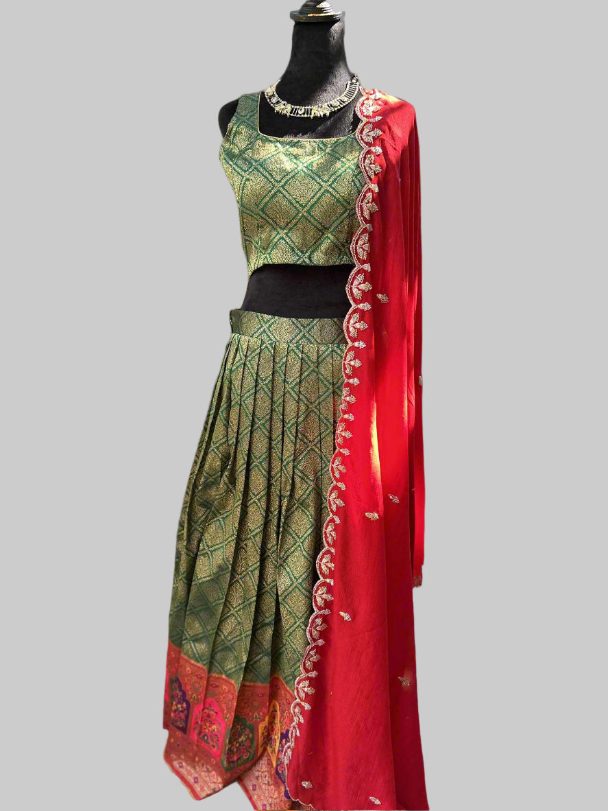Parrot Green Lehanga with Red Dharmavaram Border and trendy Stitched blouses.