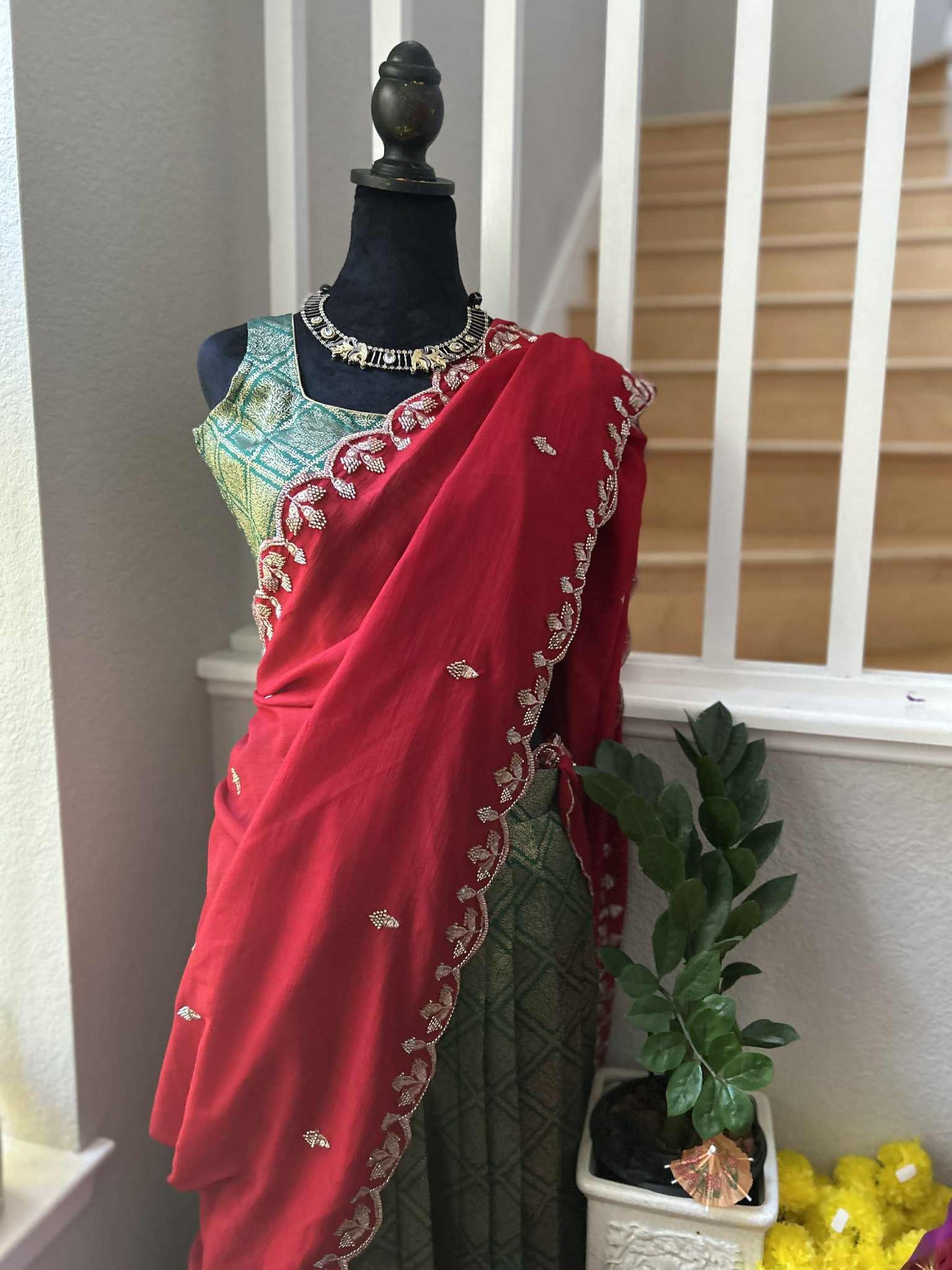 Parrot Green Lehanga with Red Dharmavaram Border and trendy Stitched blouses.