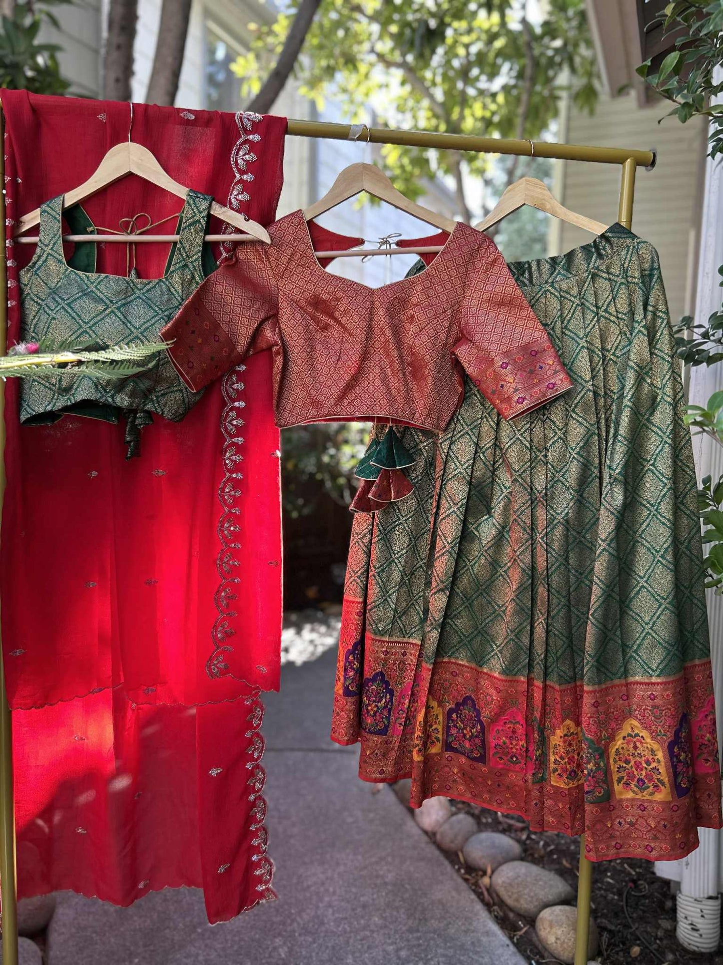 Parrot Green Lehanga with Red Dharmavaram Border and trendy Stitched blouses.