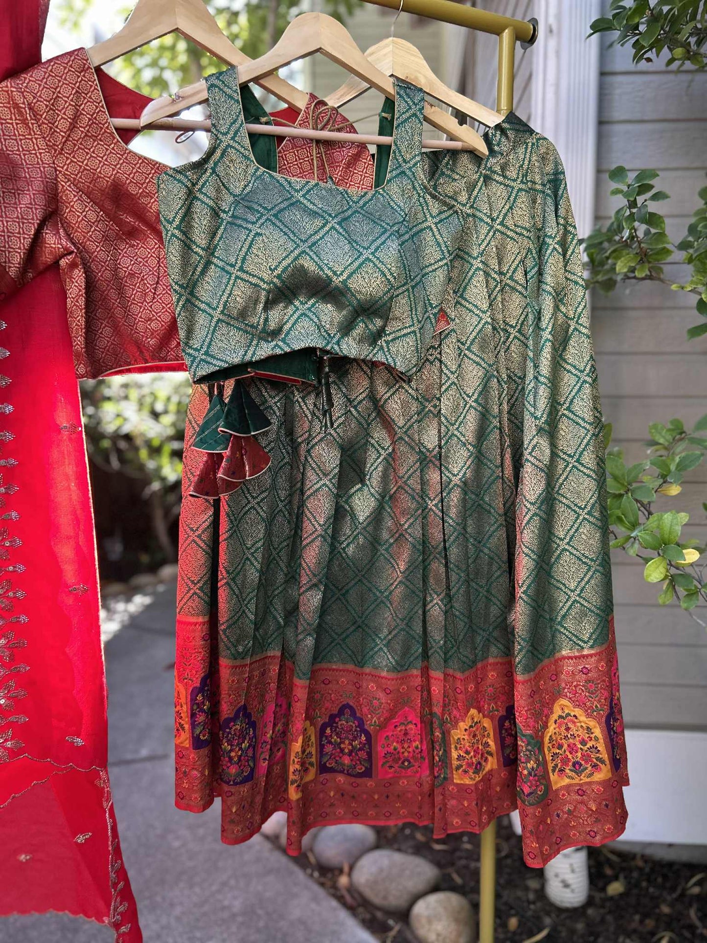 Parrot Green Lehanga with Red Dharmavaram Border and trendy Stitched blouses.