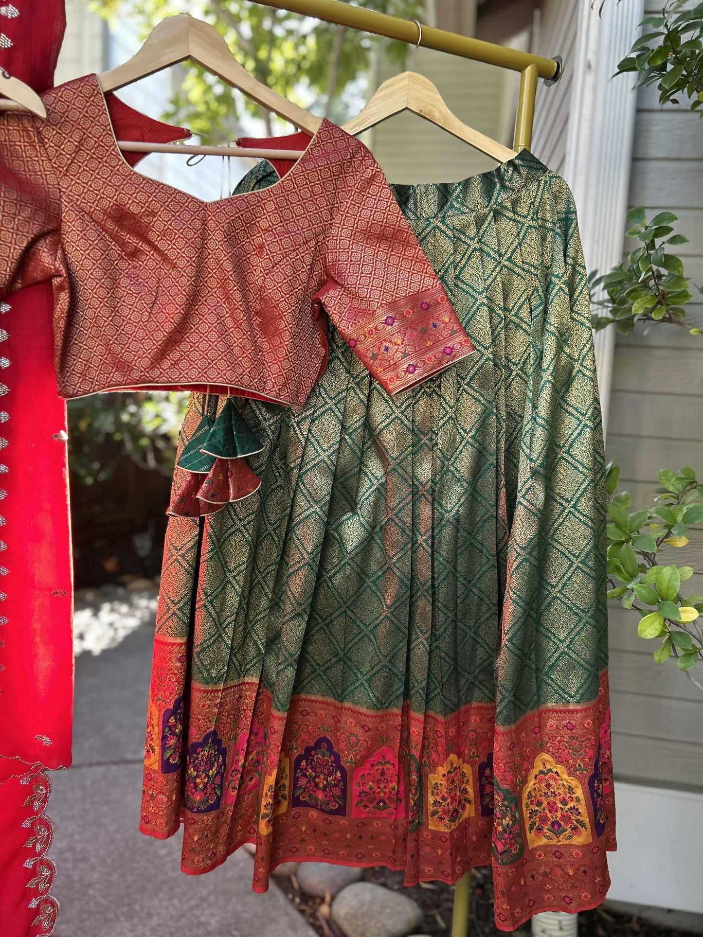 Parrot Green Lehanga with Red Dharmavaram Border and trendy Stitched blouses.