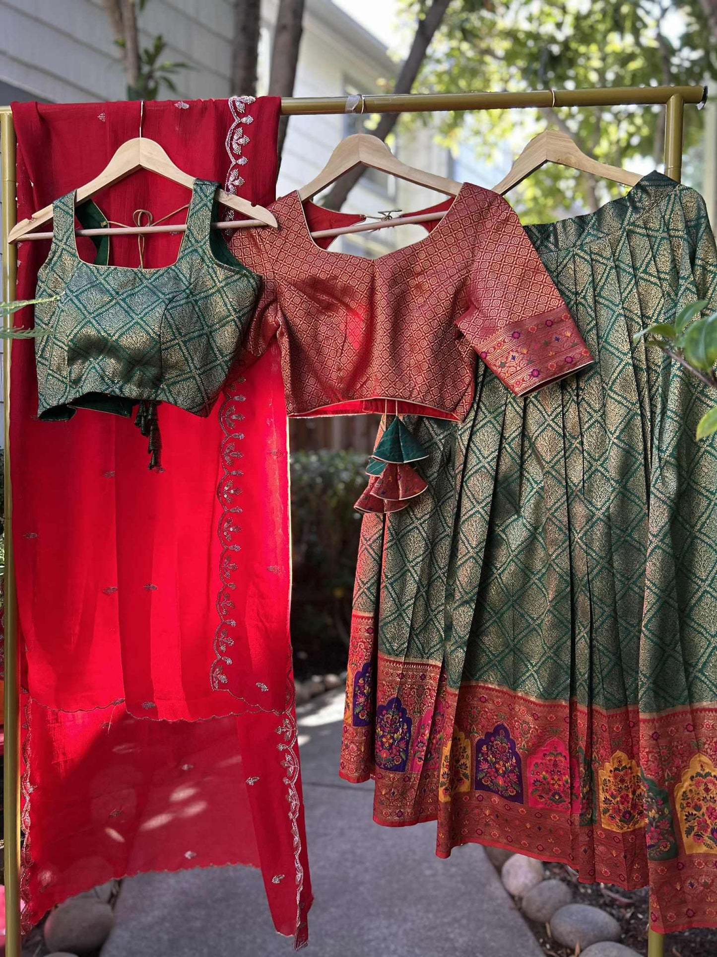 Parrot Green Lehanga with Red Dharmavaram Border and trendy Stitched blouses.