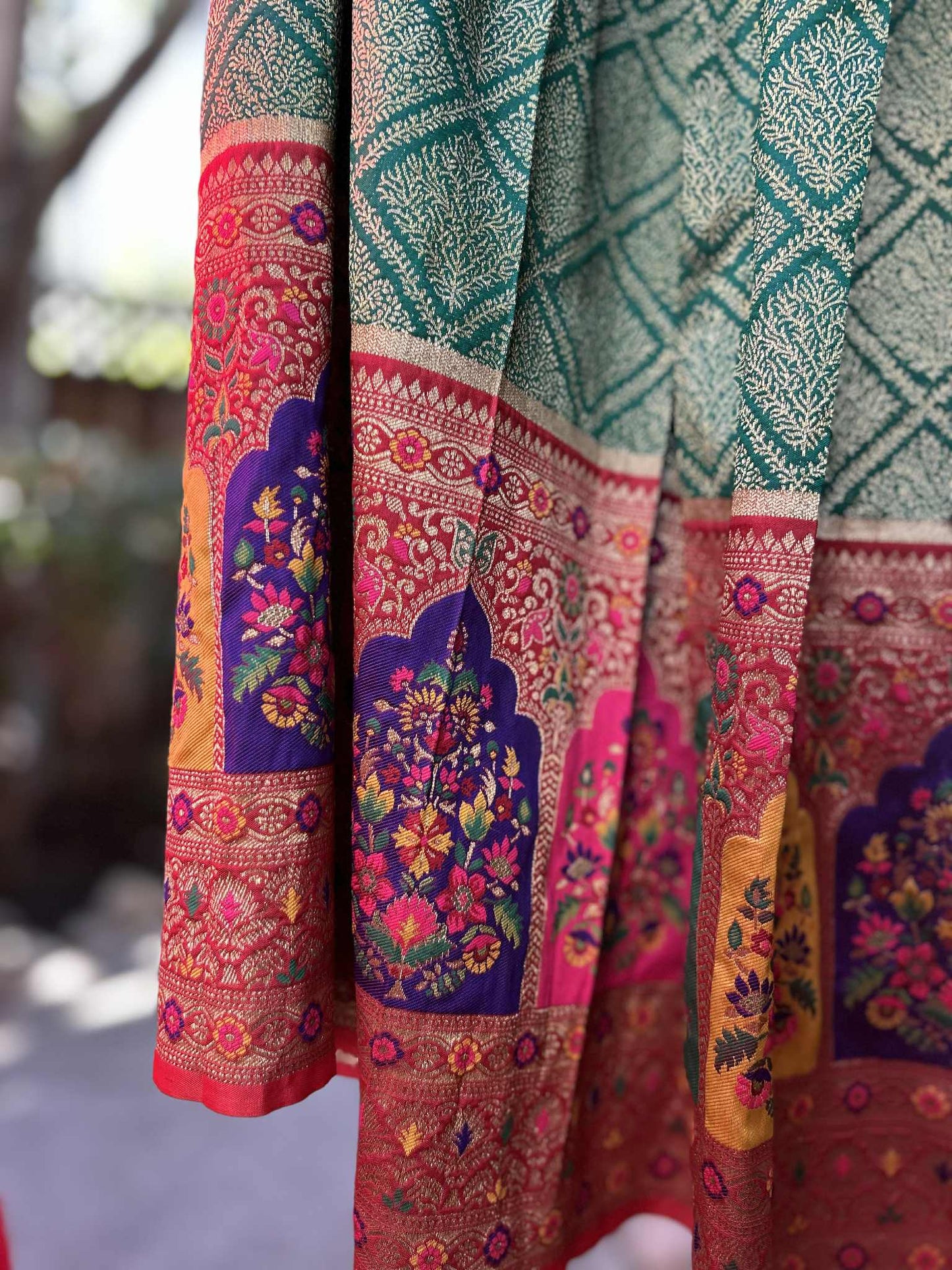 Parrot Green Lehanga with Red Dharmavaram Border and trendy Stitched blouses.