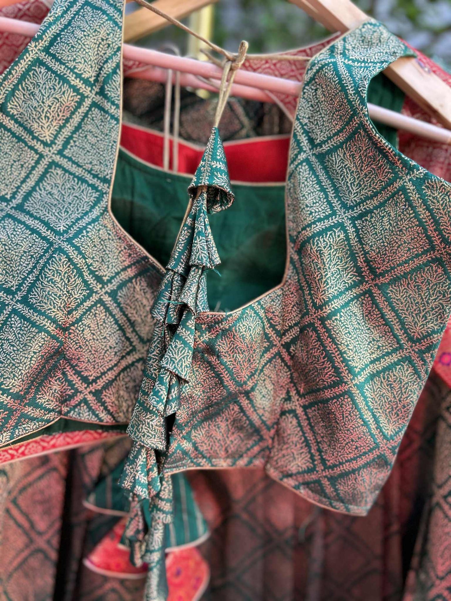 Parrot Green Lehanga with Red Dharmavaram Border and trendy Stitched blouses.