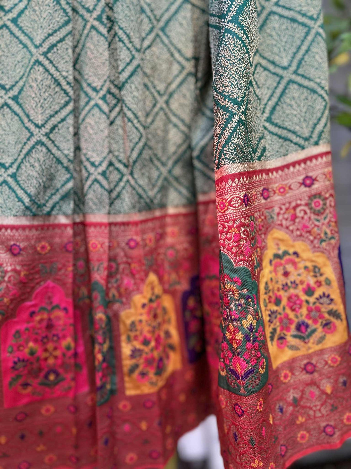 Parrot Green Lehanga with Red Dharmavaram Border and trendy Stitched blouses.