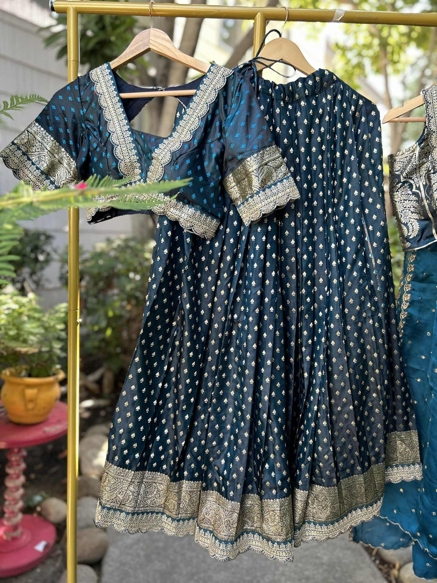 Dark Teal Banarasi Lehanga with designer Blouses. Fully Stitched