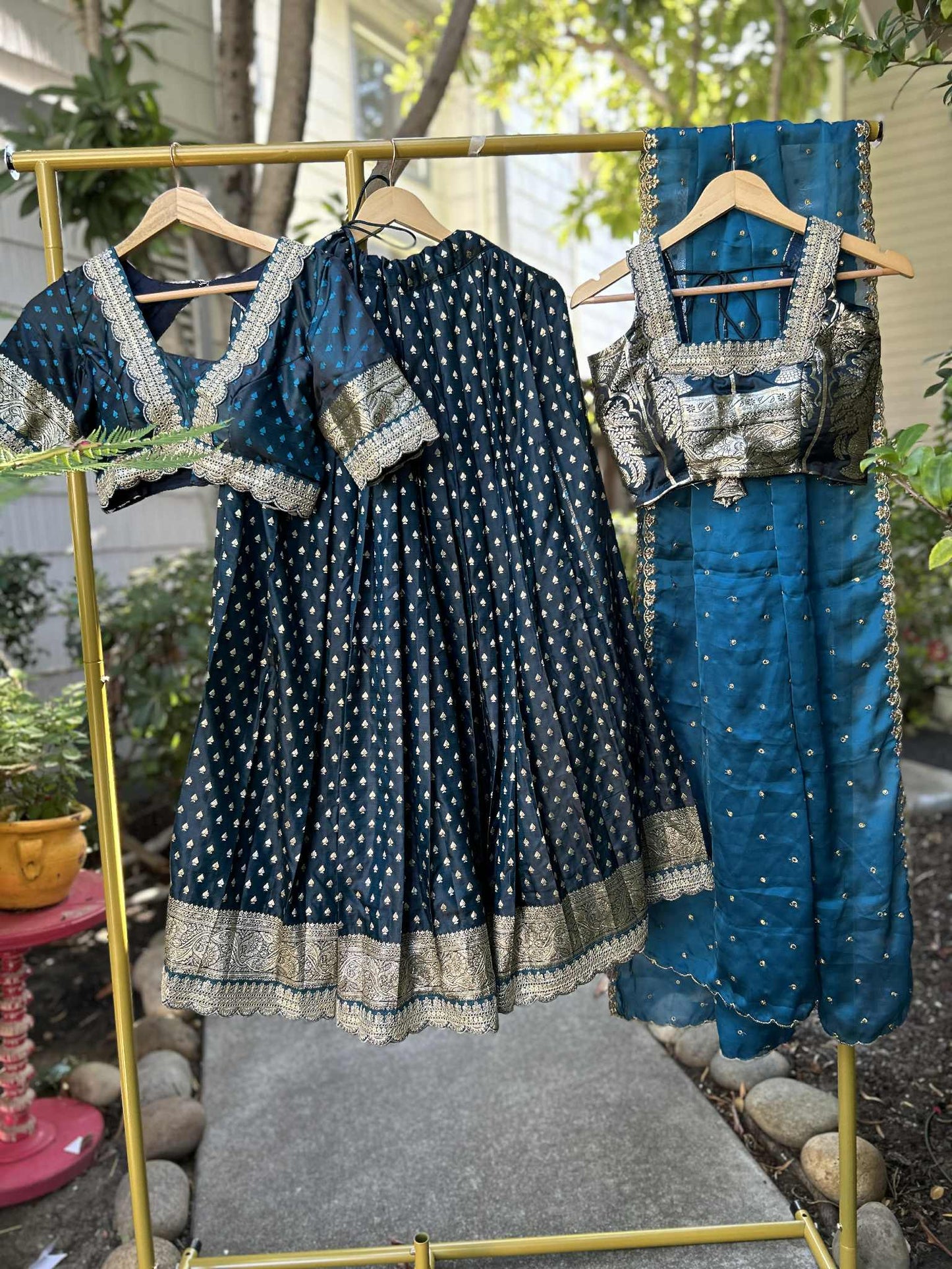 Dark Teal Banarasi Lehanga with designer Blouses. Fully Stitched