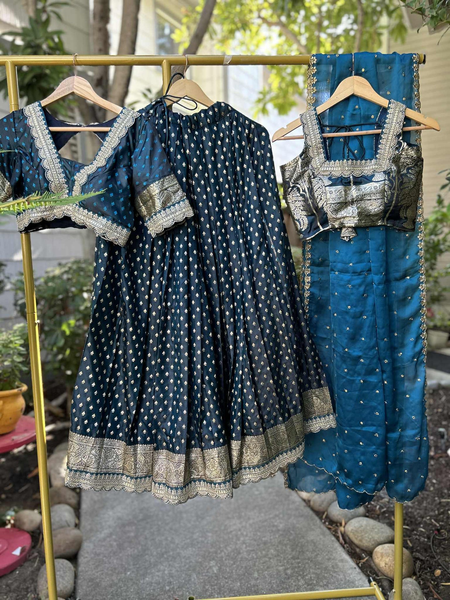 Dark Teal Banarasi Lehanga with designer Blouses. Fully Stitched