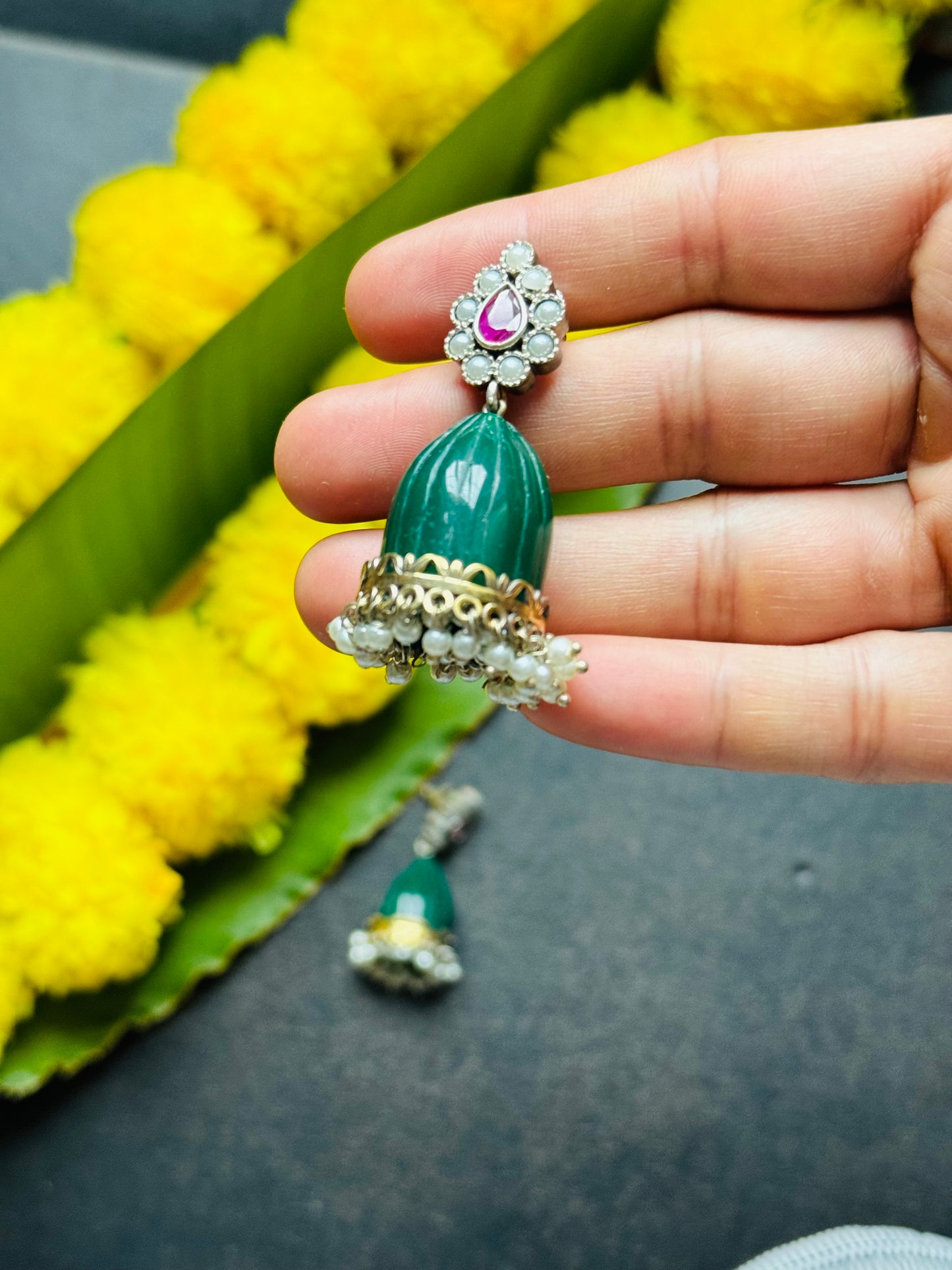 Green Stone Jhumkas with Pearls