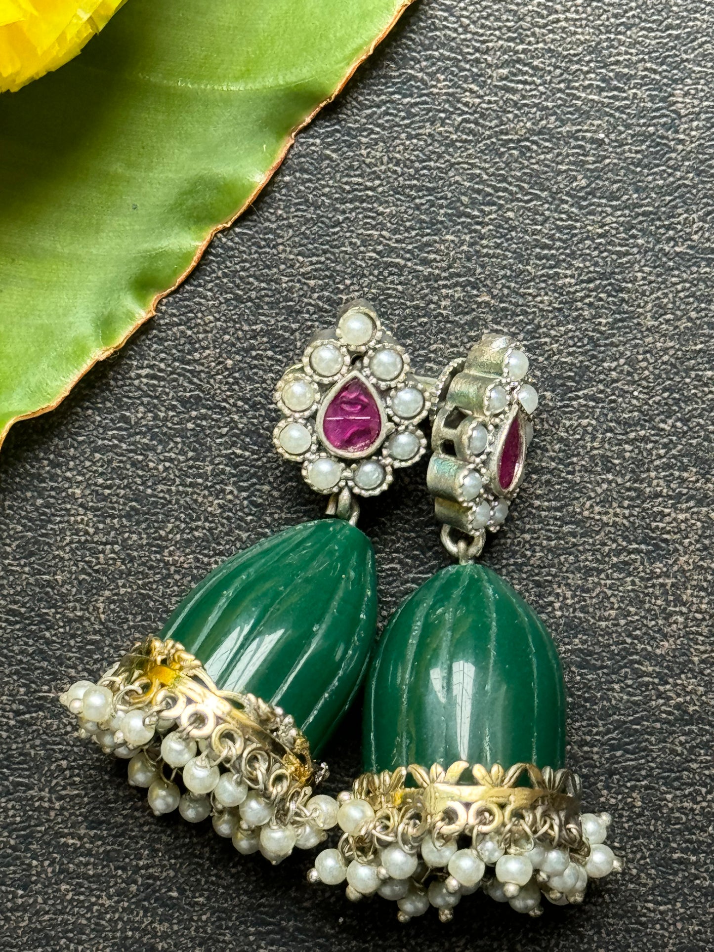 Green Stone Jhumkas with Pearls