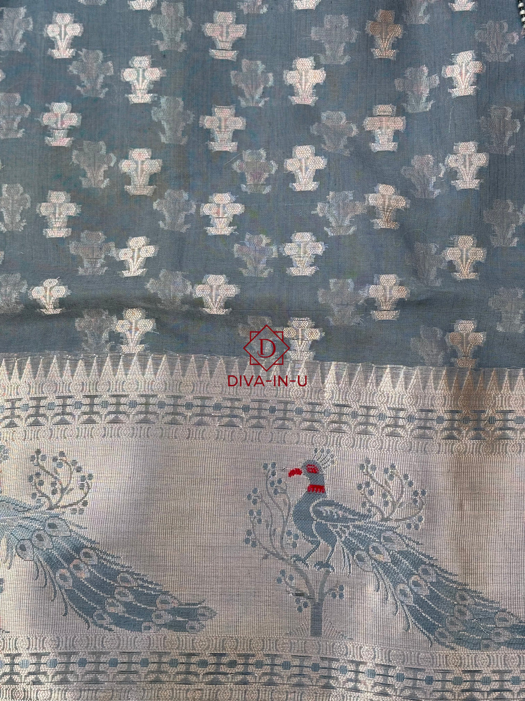 Grey Organza Semi Georgette Saree with Pretty Red Peacocks