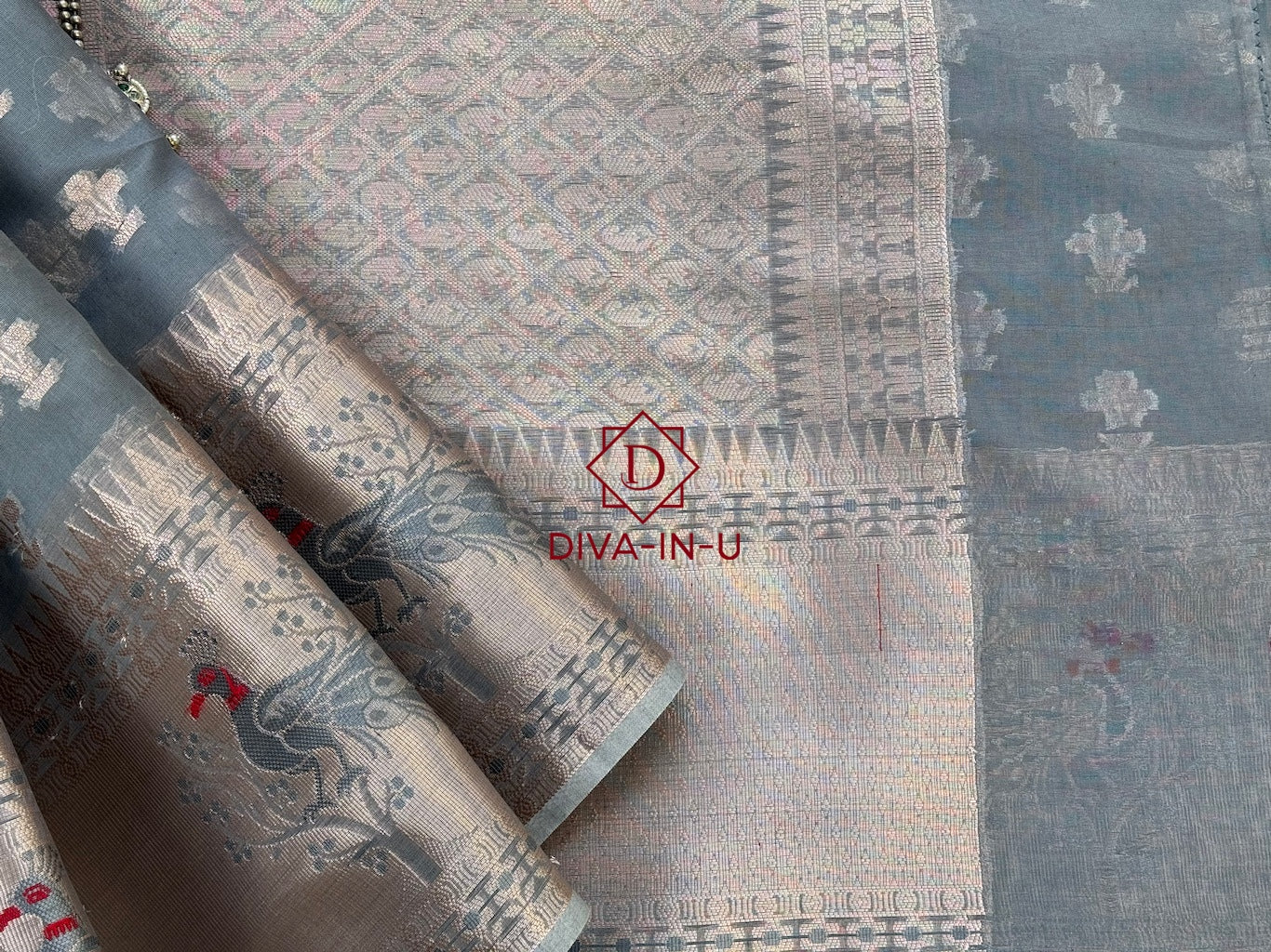 Grey Organza Semi Georgette Saree with Pretty Red Peacocks