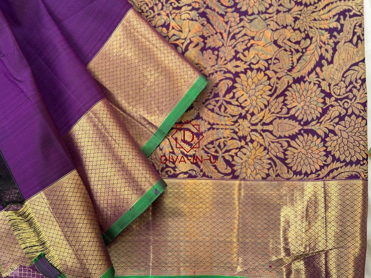 Pure Kanjeevaram in Deep Plum Color with Green border