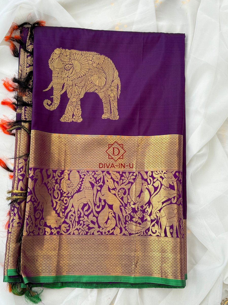 Pure Kanjeevaram in Deep Plum Color with Green border