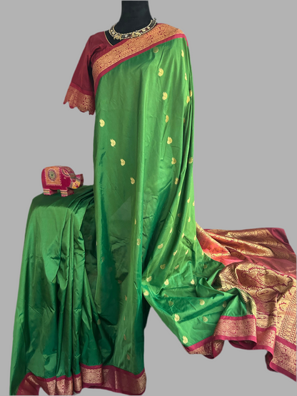 Soft Gadwal Saree in Green with stitched blouse.
