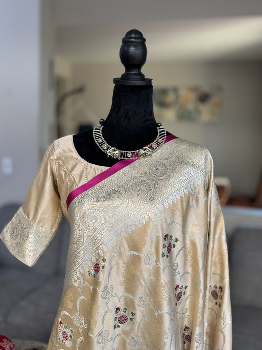 Satin Banarasi Saree in Off-White with Dark Pink Border