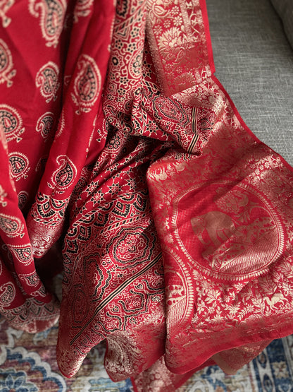 Ajrakh Saree in Red on Dola Silk with Mango Design