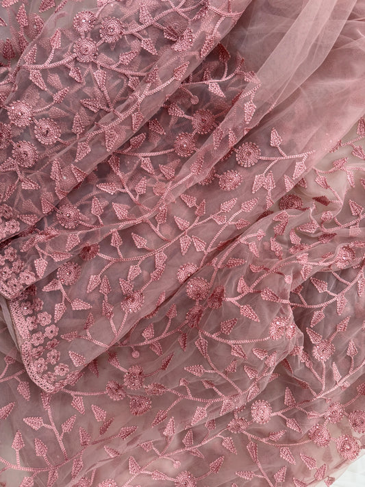 Dusty Pink Net Saree with floral blouse