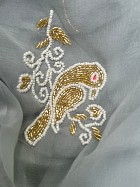 Chiffon Saree with Bird Embroidery in Grey