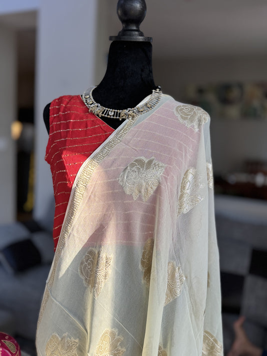 Viscose Saree in White and Red