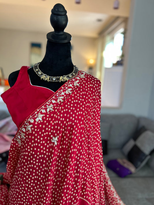 Bandhini Saree with Gotta Patti work and stitched blouse