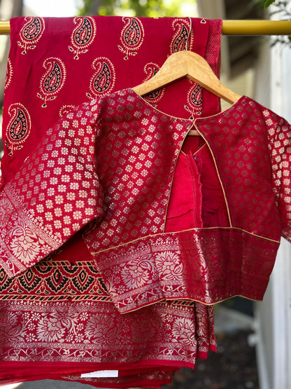 Ajrakh Saree in Red on Dola Silk with Mango Design