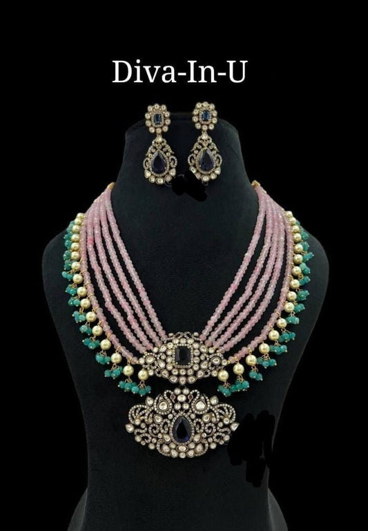 Kundan & Beads Royal Necklace Set (Baby Pink)