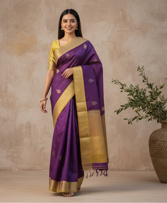 Kanjeevaram Sarees with Contrasting Borders(Dark Purple with tender Green)