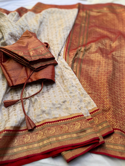 Traditional Off-white Banarasi saree with Red Border (Pre-stitched Saree)