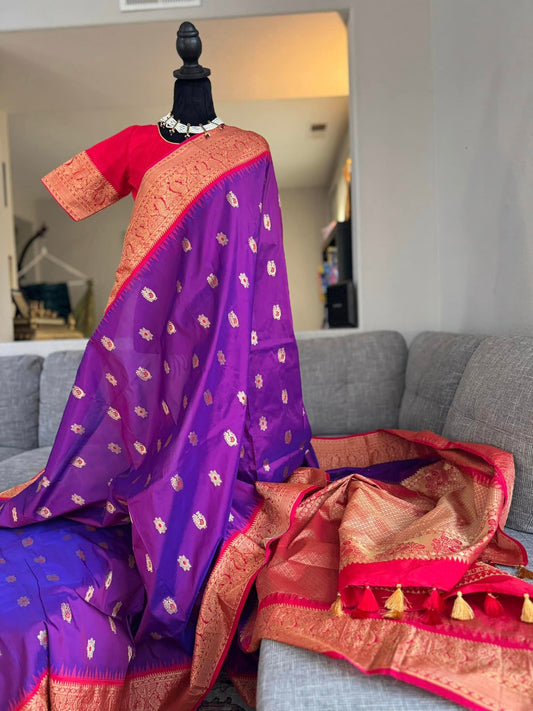 Narayanapet Pattu Sarees in Purple with Red Border