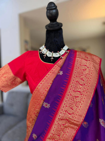Narayanapet Pattu Sarees in Purple with Red Border
