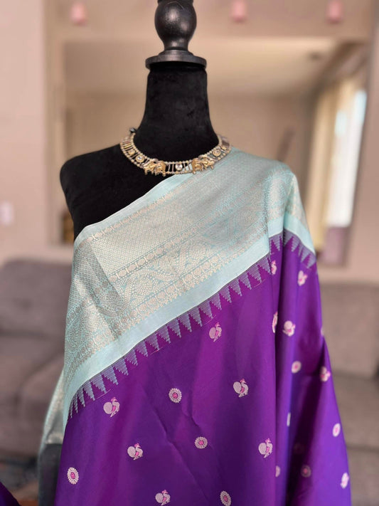 Pure Gadwal Saree in Purple with Blue Border