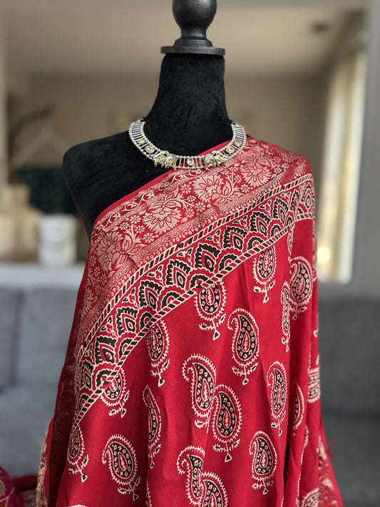 Ajrakh Saree in Red on Dola Silk with Mango Design
