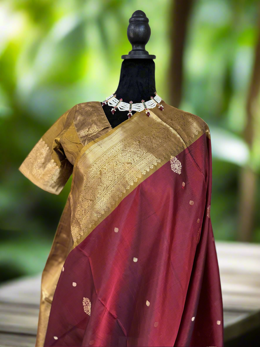 Maroon Kanchipuram Saree with stitched blouse