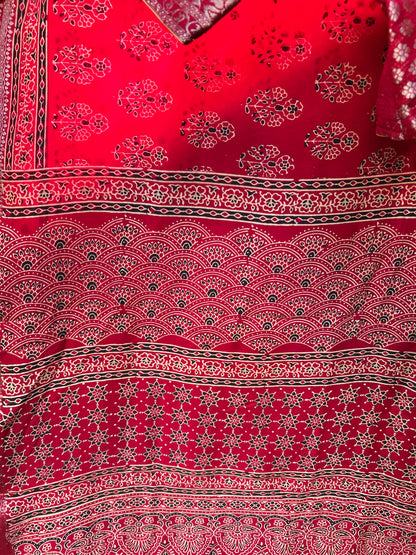 Ajrakh Saree in Red on Dola Silk with Floral Bunches Design