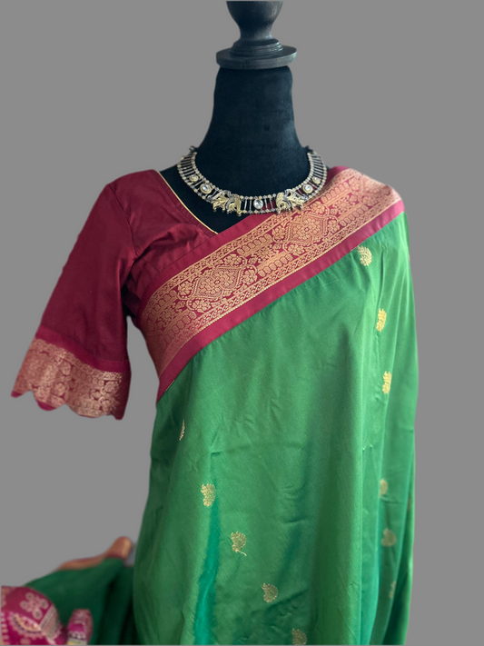 Soft Gadwal Saree in Green with stitched blouse.