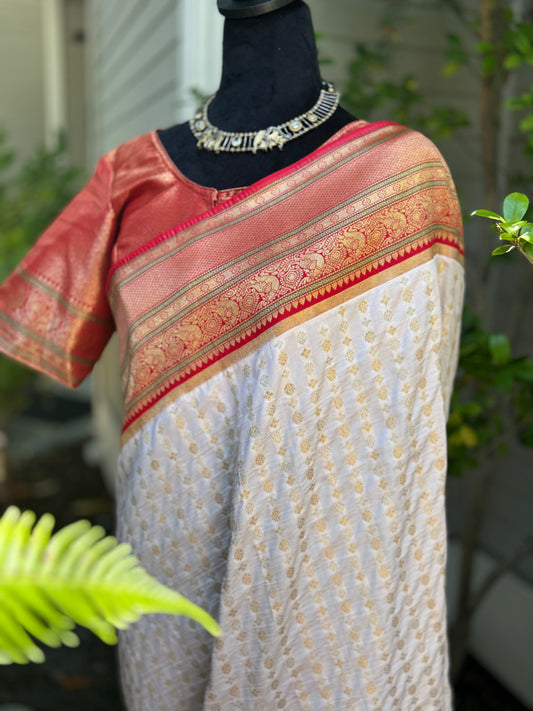 Traditional Off-white Banarasi saree with Red Border (Pre-stitched Saree)