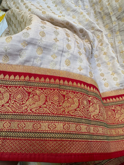 Traditional Off-white Banarasi saree with Red Border (Pre-stitched Saree)