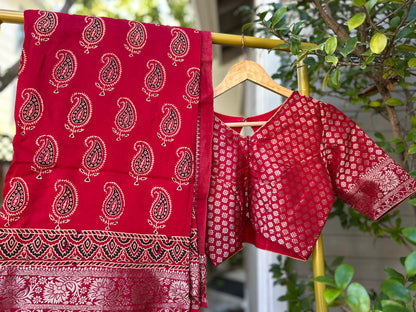 Ajrakh Saree in Red on Dola Silk with Mango Design