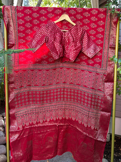 Ajrakh Saree in Red on Dola Silk with Floral Bunches Design