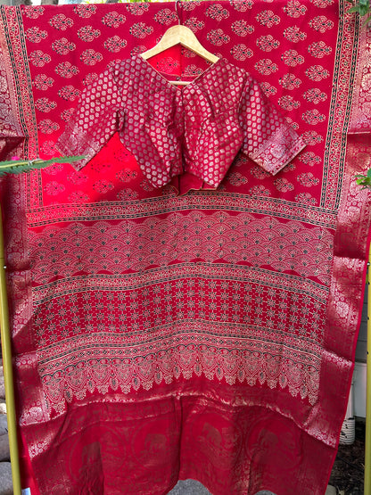 Ajrakh Saree in Red on Dola Silk with Floral Bunches Design