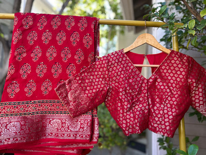 Ajrakh Saree in Red on Dola Silk with Floral Bunches Design